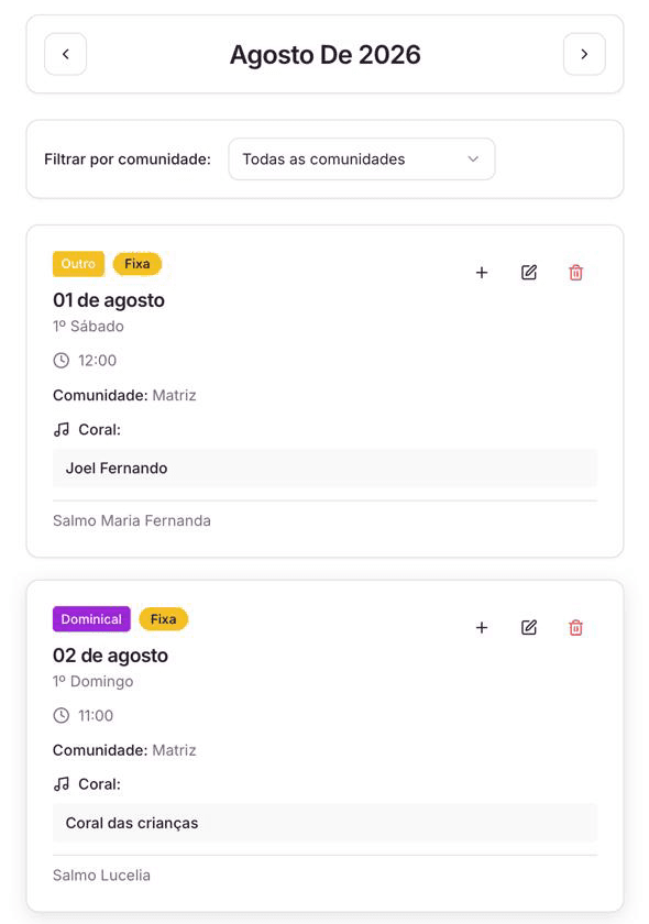 Tela de escalas do Cantare, com o navegador de mês, o filtro por comunidade e duas escalas montadas