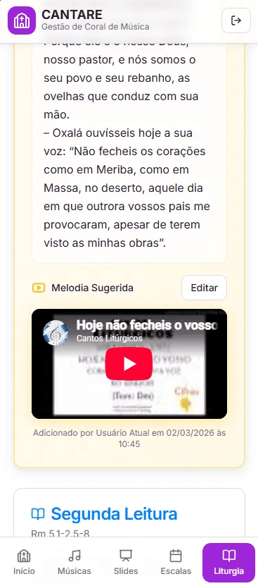 Tela de liturgia do dia no Cantare: o texto do salmo de hoje, a melodia em vídeo e o player de áudio abertos na mesma tela
